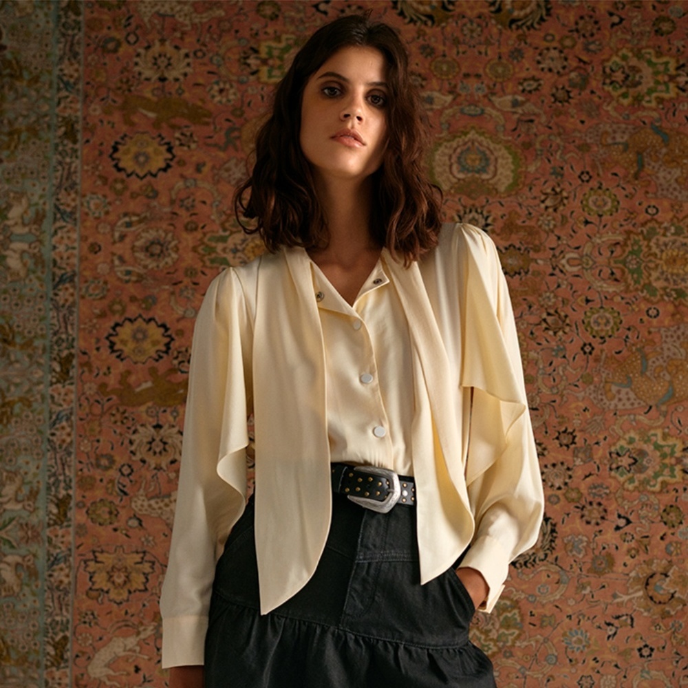 🤎 TOPSHOP Cream Twill Bow Neck Tie Open Flutter Sleeves Top